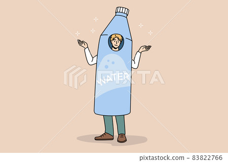 Smiling man dressed in water bottle advertise product Smiling man dressed in water bottle advertise product 83822766