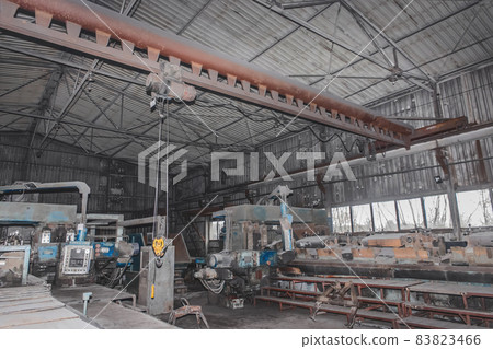 General plan of the industrial workshop of the plant production with old machines and equipment for metalworking factory manufacturing General plan of the industrial workshop of the plant production with old machines and equipment for metalworking factory manufacturing 83823466