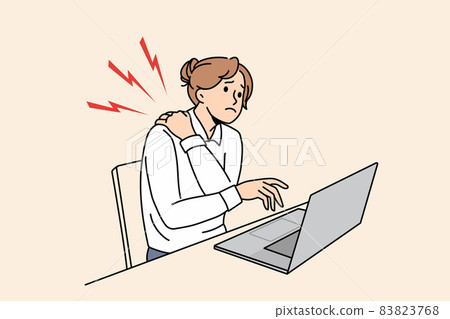 Unhealthy businesswoman suffer from backache working on computer  83823768