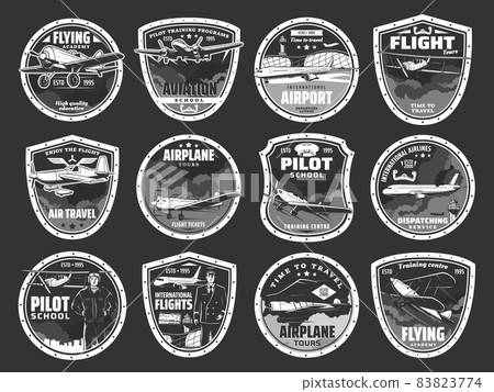 Aviation academy and airline airport icons set. Individual air tours, dispatching service emblem or badge. Passenger airliner, vintage propeller monoplane and biplane aircraft vector 83823774