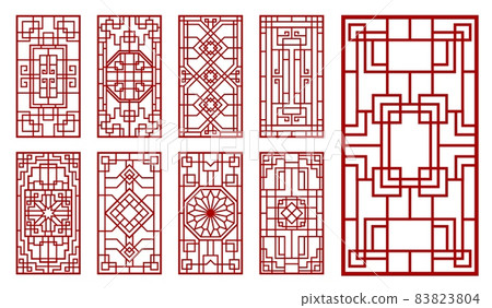 Asian window and door ornaments. Korean, chinese and japanese patterns. Oriental vintage vector wall or interior decorations with endless knot lattice or grid, floral and line rectangular ornaments 83823804