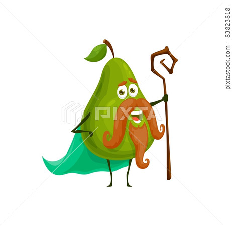 Cartoon pear fruit wizard or magician character, vector kids personage. Fairy tale peach sorcerer with magic stick or wand, fruit as wizard with beard and mustaches, kids funny cute fruits Cartoon pear fruit wizard or magician character, vector kids personage. Fairy tale peach sorcerer with magic stick or wand, fruit as wizard with beard and mustaches, kids funny cute fruits 83823818
