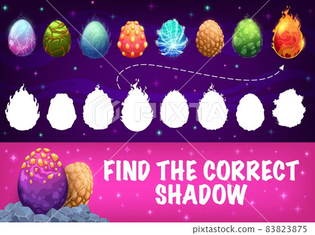Find correct shadow of fantastic cartoon dinosaur eggs, vector kids tabletop game. Children puzzle riddle or board game to find similar silhouette eggs of dino dragon or cosmic dinosaur Find correct shadow of fantastic cartoon dinosaur eggs, vector kids tabletop game. Children puzzle riddle or board game to find similar silhouette eggs of dino dragon or cosmic dinosaur 83823875