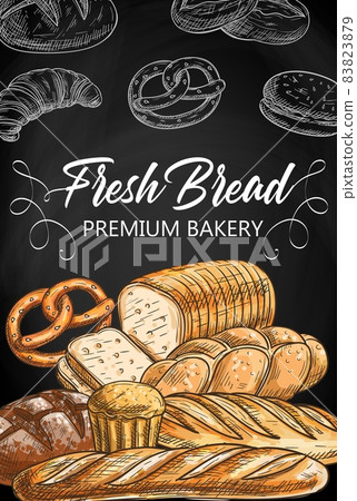 Bread and pastry food on chalkboard sketch vector. Baguette and batard, challah or brioche loaf, wheat, rye and cheese bread, pretzel and hamburger bun, fresh croissant. Bakery shop banner or poster Bread and pastry food on chalkboard sketch vector. Baguette and batard, challah or brioche loaf, wheat, rye and cheese bread, pretzel and hamburger bun, fresh croissant. Bakery shop banner or poster 83823879