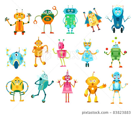 Cartoon robots and droids characters, vector cyborgs with friendly faces. Artificial intelligence androids and humanoids with arms and wheels, smart ai bots technology, isolated comic personages set 83823883