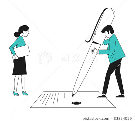 Man signing paper with giant pen. Woman standing behind 83824039