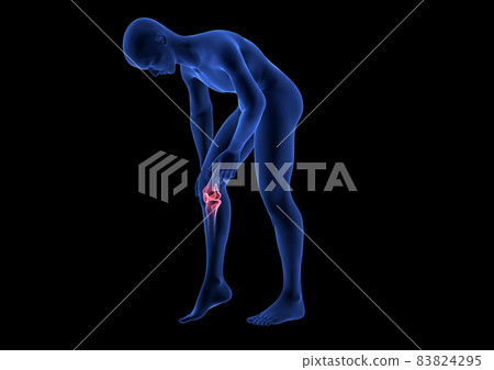 Knee Pain. Blue Human Anatomy Body 3D render on black background Knee Pain. Blue Human Anatomy Body 3D render on black background 83824295
