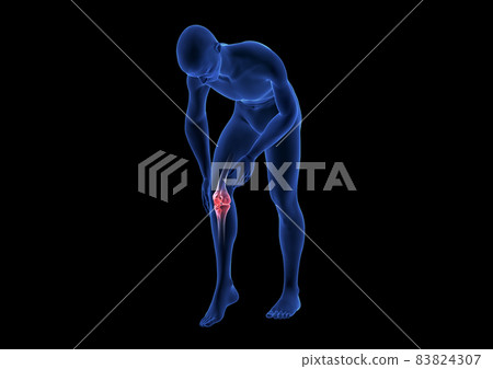 Knee Pain. Blue Human Anatomy Body 3D render on black background Knee Pain. Blue Human Anatomy Body 3D render on black background 83824307