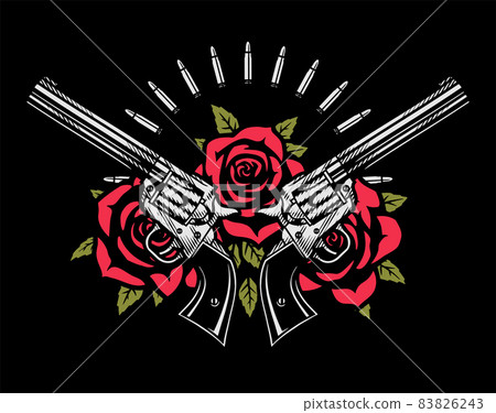 Two crossed pistols and roses on a dark background. Vector illustration. Two crossed pistols and roses on a dark background. Vector illustration. 83826243