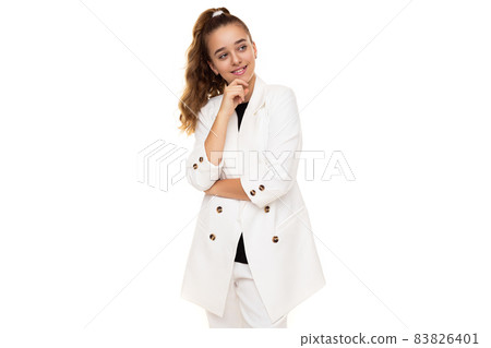 Photo of beautiful cute adorable positive smiling thinking brunette teenage girl with ponytail in Photo of beautiful cute adorable positive smiling thinking brunette teenage girl with ponytail in 83826401