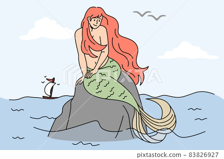 Beautiful mermaid sit on stone in open ocean  83826927