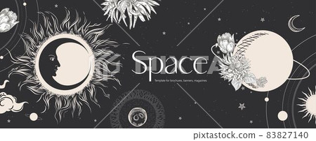 Space background. Sun face, crescent moon, planets and flowers. Space background. Sun face, crescent moon, planets and flowers. 83827140