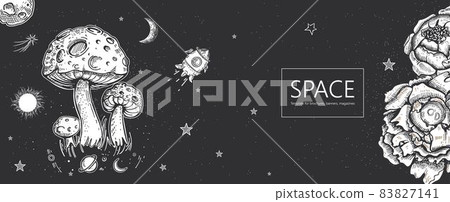 Space background. Mushrooms are like planets, sun and flowers. Space background. Mushrooms are like planets, sun and flowers. 83827141
