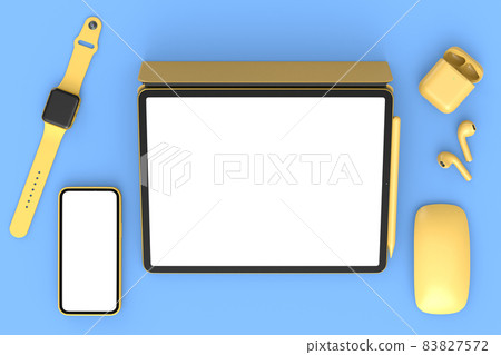 Computer tablet with mouse, smartwatch, phone and headphone on blue background Computer tablet with mouse, smartwatch, phone and headphone on blue background 83827572