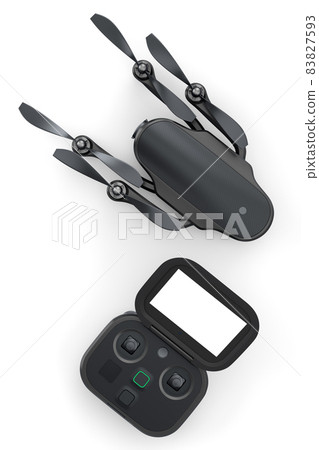 Photo and video drone or quad copter with action camera and remote on white 83827593