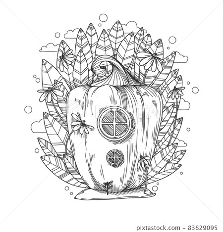 Sketch of a fantastic pumpkin house. Cartoon pumpkin gnome house. Vector 83829095