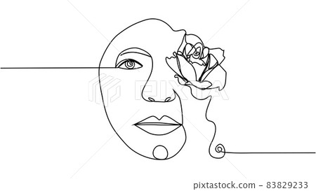 Woman face with flowers Continuous one line drawing. Flower bouquet in woman head single line art. Minimalist Black White Drawing Artwork 83829233