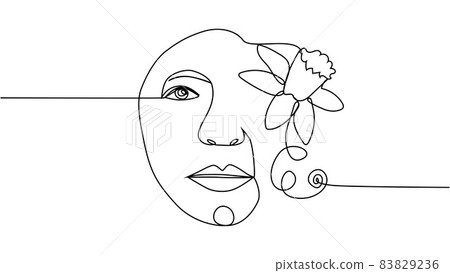 Woman face with flowers Continuous one line drawing. Flower bouquet in woman head single line art. Minimalist Black White Drawing Artwork 83829236