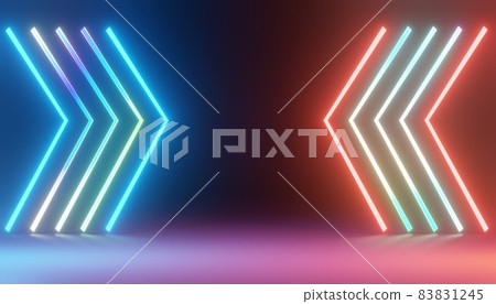 3d render of RGB neon light on darkness background. Abstract Laser lines show at night. Ultraviolet spectrum beam scene 83831245