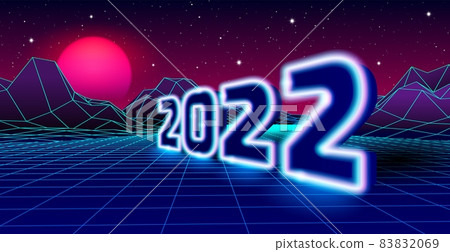 2022 neon sign for 80s styled retro New Years Eve celebration with arcade game grid landscape and purple sun. 2022 neon sign for 80s styled retro New Years Eve celebration with arcade game grid landscape and purple sun. 83832069