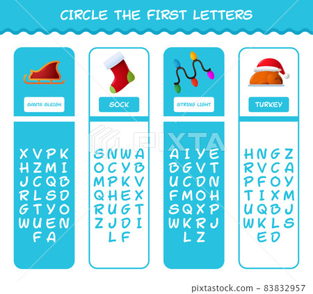 Circle the first letters of cartoon christmas. Matching game. Educational game for pre shool years kids and toddlers 83832957