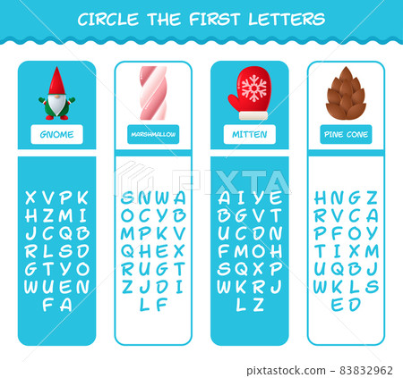 Circle the first letters of cartoon christmas. Matching game. Educational game for pre shool years kids and toddlers Circle the first letters of cartoon christmas. Matching game. Educational game for pre shool years kids and toddlers 83832962