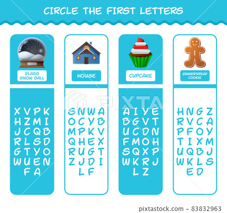 Circle the first letters of cartoon christmas. Matching game. Educational game for pre shool years kids and toddlers 83832963