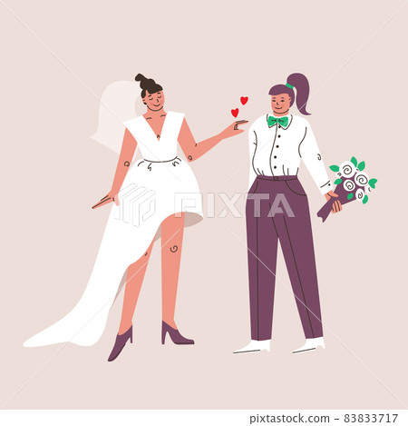 Wedding of two women. Lovely, cute characters, holding hands. Bride in a suit and holding flowers, LGBT wedding. Vectoral isolated illustration. Wedding of two women. Lovely, cute characters, holding hands. Bride in a suit and holding flowers, LGBT wedding. Vectoral isolated illustration. 83833717