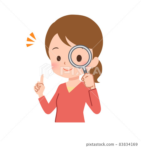 Illustration of a woman observing with a magnifying glass 83834169