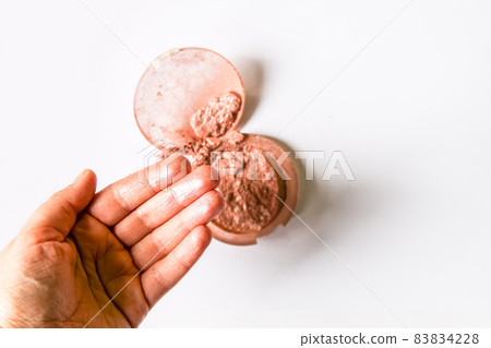 Sample of dry shiny highlighter particles scattered on a white background and stained fingers Sample of dry shiny highlighter particles scattered on a white background and stained fingers 83834228