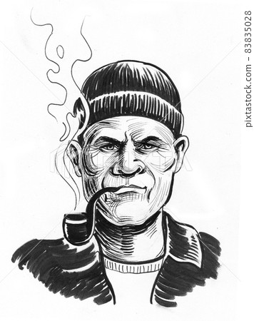 Fisherman smoking a pipe. Ink black and white drawing Fisherman smoking a pipe. Ink black and white drawing 83835028