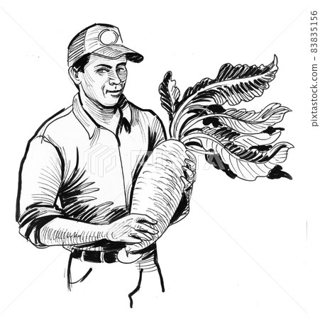 Farmer with a big beet root. Ink black and white drawing Farmer with a big beet root. Ink black and white drawing 83835156
