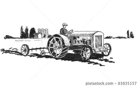 Farmer in the field on vintage tractor. Ink black and white drawing 83835157