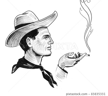 Cowboy smoking a cigarette. Ink black and white drawing 83835331
