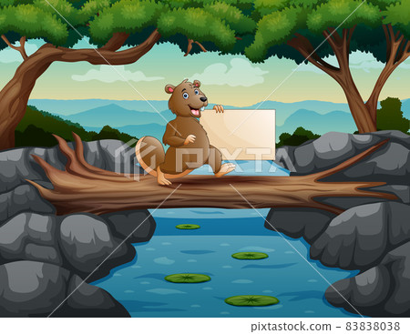 Funny a beaver holding blank sign walking on the tree trunk 83838038
