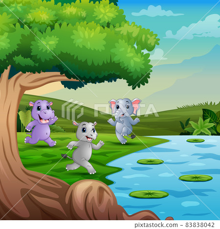 Animals cartoon running in the green field illustration 83838042