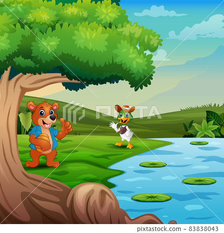 Cartoon sun bear meeting a duck by the river 83838043