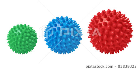 Multicolored spiny massage balls isolated on white. Concept of physiotherapy or fitness. Closeup of a colorful rubber ball for dog teeth on a white color background. Corona virus model. 83839322