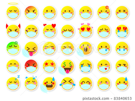 Emoji face sticker mood web badge yellow flat set. Virus protection disease covid medicine character. Cheerful and sad emotions of social network messenger website color round chat isolated on white Emoji face sticker mood web badge yellow flat set. Virus protection disease covid medicine character. Cheerful and sad emotions of social network messenger website color round chat isolated on white 83840653