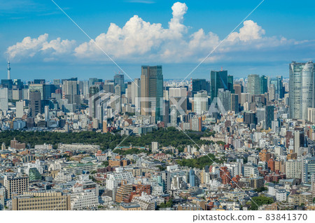 [夏季東京] 俯瞰建築物和夏季雲彩的城市景觀 83841370