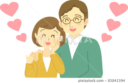 Illustration material: A lovely scene where young couples gather their shoulders against the background of hearts. Lots of hearts. 83841394