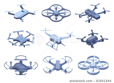 Isometric drones, flying quadcopter with remote controllers. Remote control, unmanned aerial drones vector illustration set. Electronic quadcopters 83841844