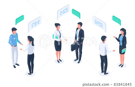 Isometric business people, speech bubble communication, brainstorming or discuss. Social network communication characters vector illustration. Business partners communicate 83841845