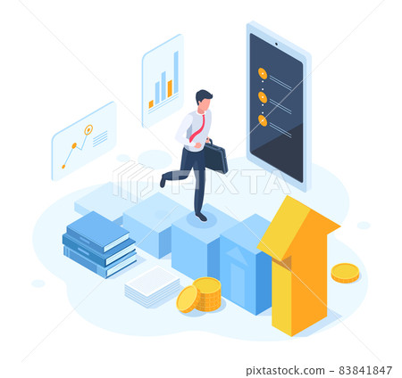 Isometric career growth, work progress, business goals achievement. Businessman walking climbing career ladder vector illustration. Job goals achievement 83841847