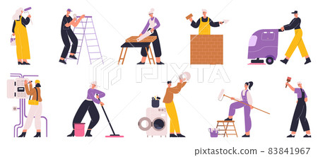 Home repair, house renovation workers, plumber, electrician, painter. Repair service workers and cleaner characters vector illustration set. Professional home repair workers 83841967