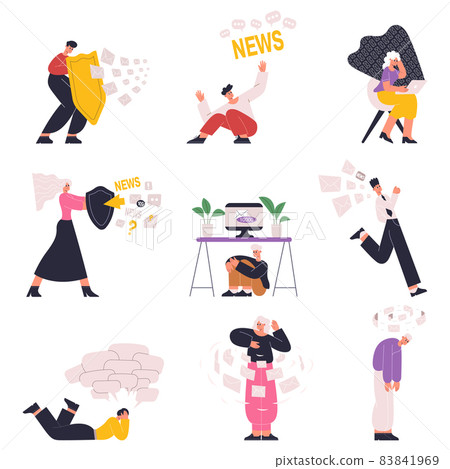 Information overload, anxiety people with news, data congestion. People hide from social media information overloading vector illustration set. Internet stream overload 83841969