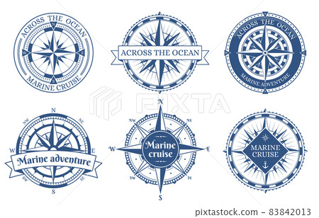 Vintage rose wind nautical compass marine labels. Old antique marine navigation compass emblems vector illustration set. Sea wind rose compasses badges 83842013