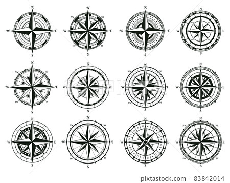 Vintage rose wind compass, sea boat navigation skipper compass. Sea wind rose old marine navigation compass vector symbols set. Retro marine nautical compass sings 83842014