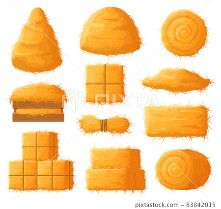 Bale of hay, agricultural haymaking, dried straw haystack, rural haycock. Farming haycock, dried haystack, straw and wheat vector flat illustration. Rural dry haystacks Bale of hay, agricultural haymaking, dried straw haystack, rural haycock. Farming haycock, dried haystack, straw and wheat vector flat illustration. Rural dry haystacks 83842015