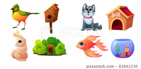 Set pets, domestic animals and their homes, vector 83842230
